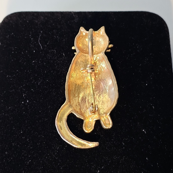 Vintage Unsigned Brass Tone Figural Smiling Striped Fat Cat Pendant Brooch - Picture 5 of 6